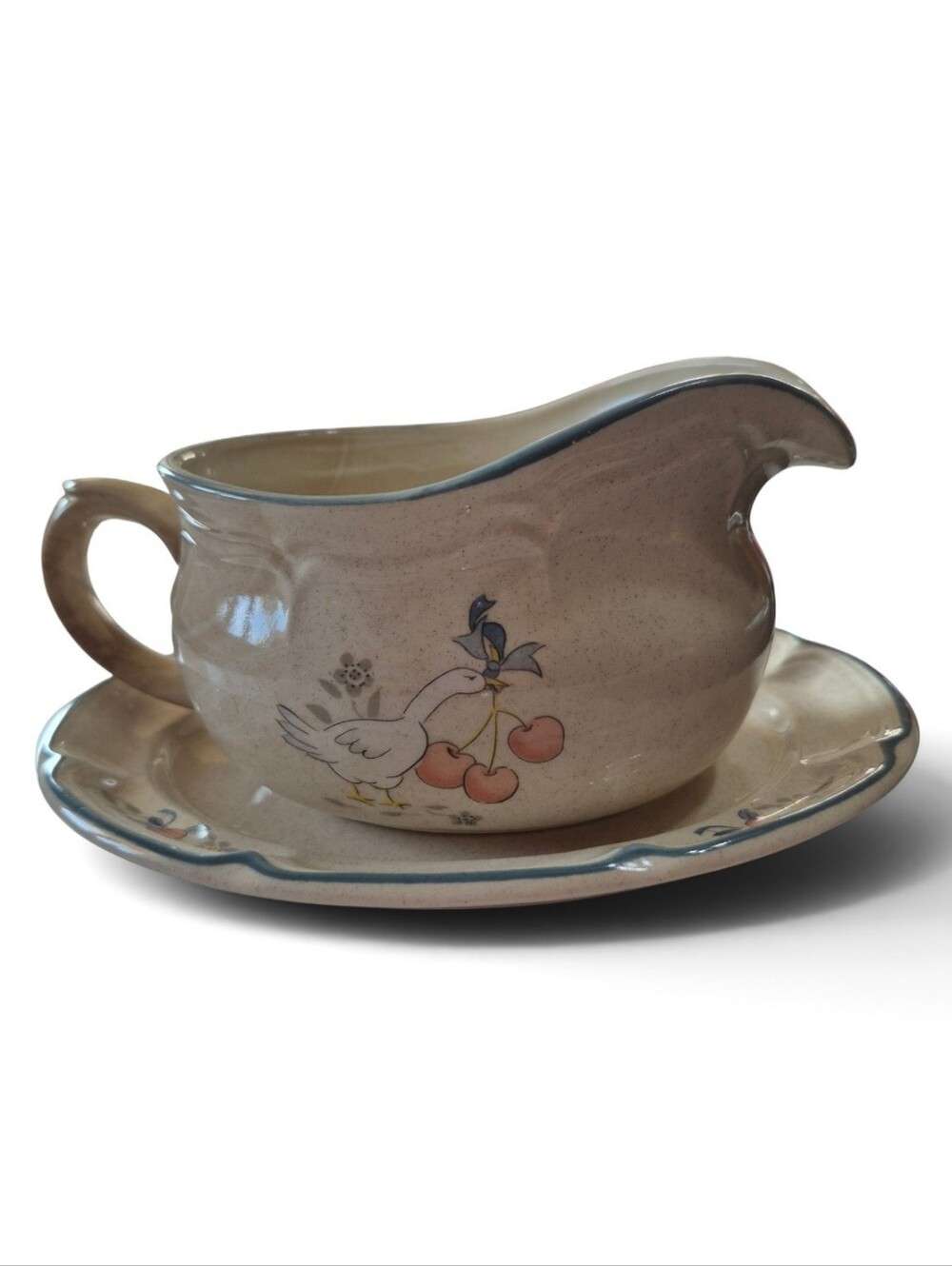 Vintage Ceramic Gravy Boat with Saucer - Cream with Blue Trim